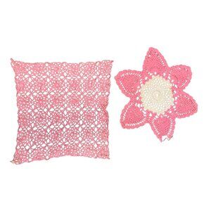 Handmade Pink Crocheted Doilies 8" Square & 10" Flower Design Home Decor & Table